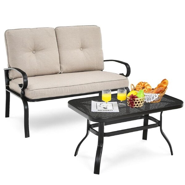 P&P 2Pcs Patio Loveseat Bench Table Furniture Set Cushioned Chair
