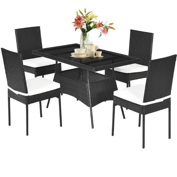 P&P 5Pcs Patio Rattan Dining Set Cushioned Chair Table W/Glass Top Garden Furniture