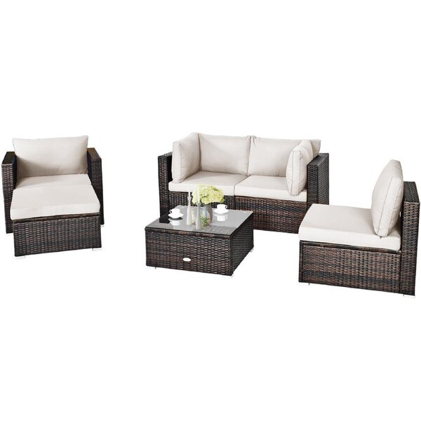 P&P 6Pcs Patio Rattan Furniture Set Cushion Sofa Coffee Table Ottoman White