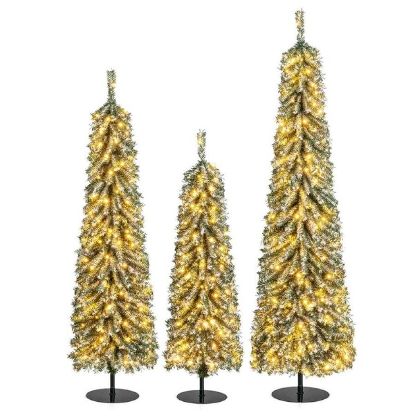 P&P Artificial Christmas Pencil Xmas Tree Set Of 3 W/ Realistic Accumulated Snow