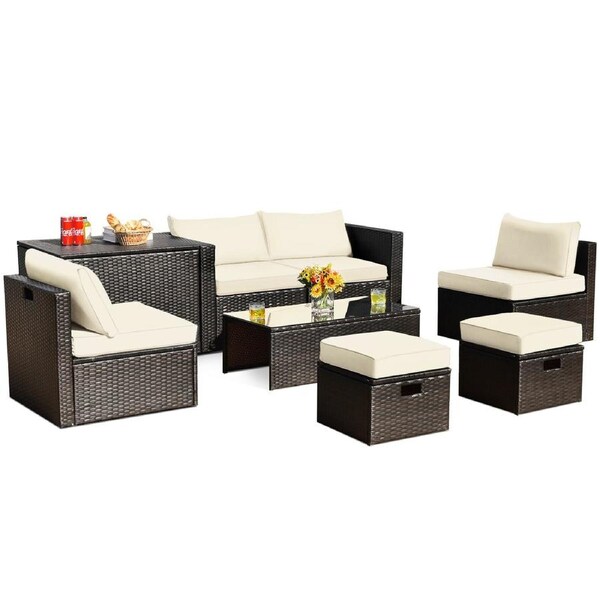 P&P 8Pcs Patio Rattan Furniture Set Space-Saving Storage Cushion Off White
