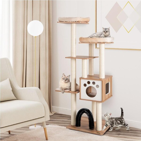 P&P Cat Tree Cat Tower Cat Condo W/Platform Scratching Posts For Indoor Cats, Beige
