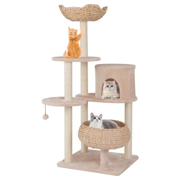 P&P Cattail Cat Tower W/ Sisal Scratching Posts, Dangling Ball, Washable Cushions