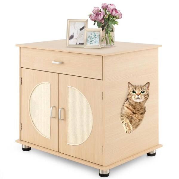 P&P Cat Litter Box Enclosure W/ Sisal Scratching Doors Storage Adjustable Metal Feet