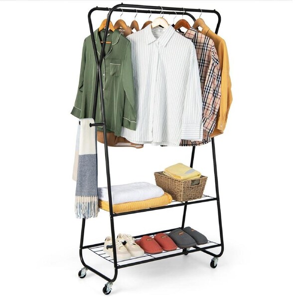 P&P Double Rod Clothes Rack On Wheels W/ 2 Shelves 4 Hooks For Hanging Clothes