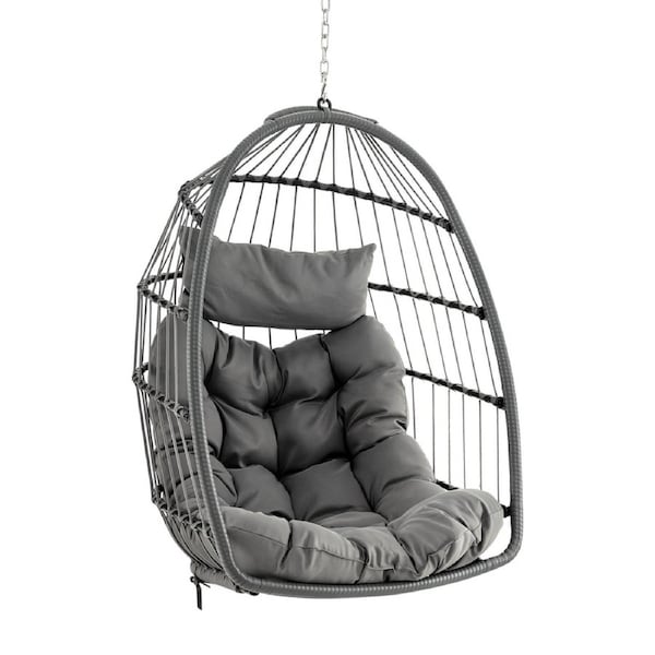 P&P Hanging Egg Chair Wicker Swing Hammock Chair W/ Head Pillow & Seat Cushion Gray