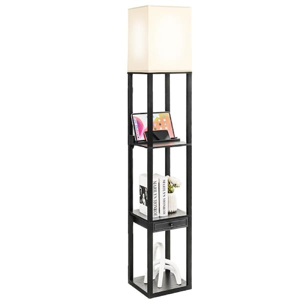 P&P Modern Floor Lamp W/Shelves And Drawer,Shelf Floor Lamp W/Adjustable Brightness