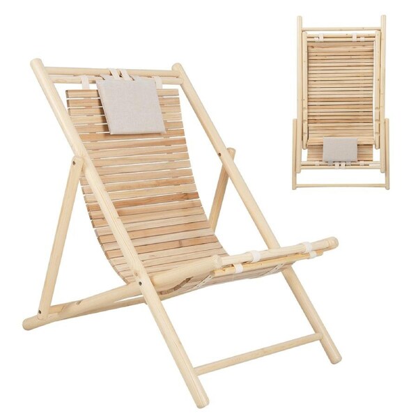 P&P Outdoor Adjustable Wood Sling Chair Folding Reclining Lounge Assembly Free