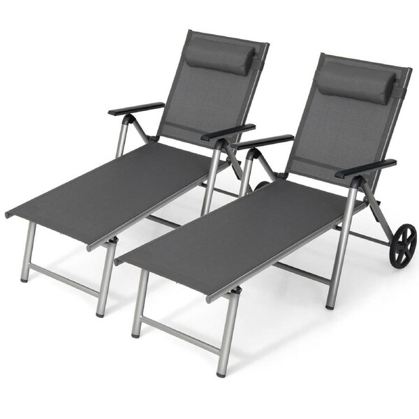 P&P Outdoor Aluminum Chaise Lounge Chair With Wheels 7-Position Adjustable Backrest