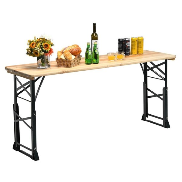 P&P Patio Folding Picnic Table Outdoor Beer Table Adjustable Wood Top &Umbrella Hole