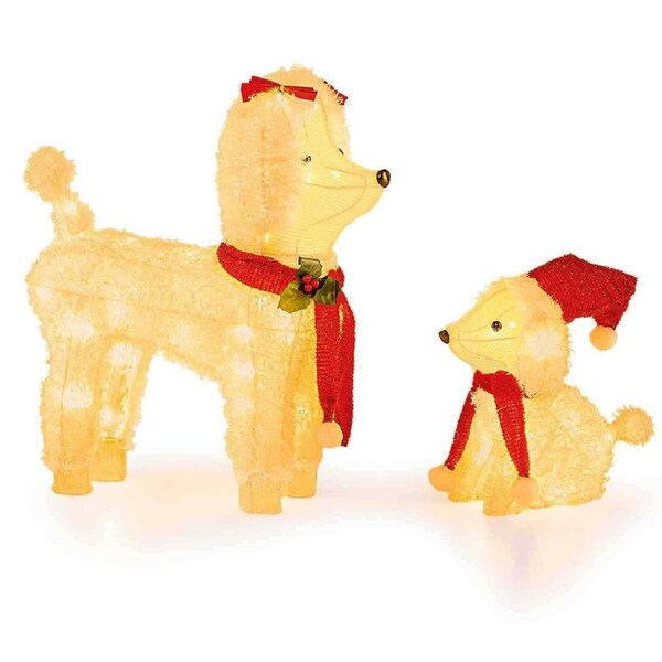P&P Pre-Lit Mama & Baby Poodle Dogs Christmas Yard Decor W/ 60 Leds Red Hat & Scarf