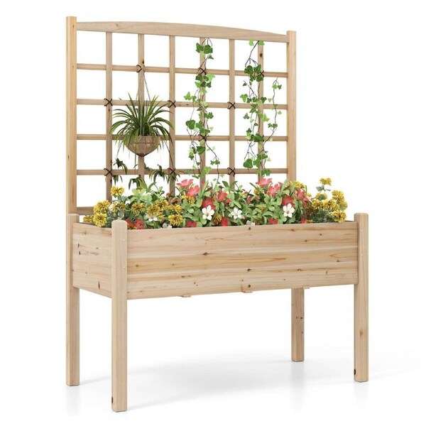 P&P Raised Garden Bed W/ Lattice Trellis Wooden Elevated Planter Box Stand W/ Legs