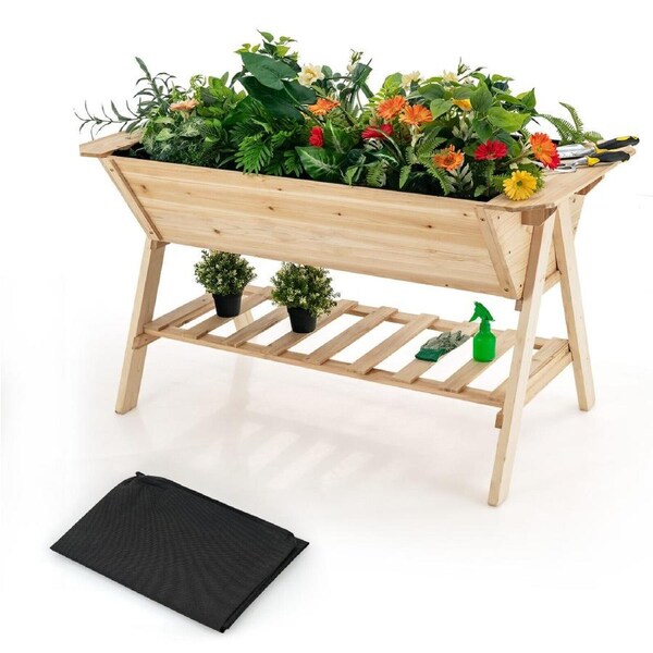 P&P Raised Garden Bed With Shelf Wood Elevated Planter Box W/Liner