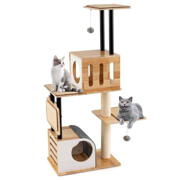 P&P Wood Cat Tree Modern Multi-Level Cat Tower W/Double Condos & Sisal Posts Indoor