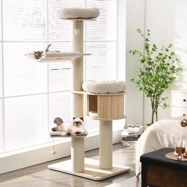 P&P Wooden Cat Tree Scratching Post Scratcher Tower Condo House Cat Climb Furniture
