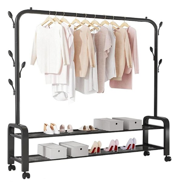 Heavy Duty Portable Clothes Garment Hanging Rack Shoe Storage Shelf Organizer Hanger Dryer Black