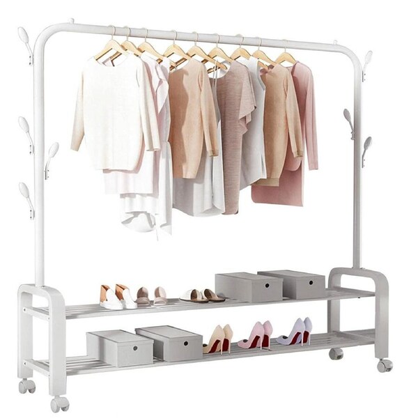 Heavy Duty Portable Clothes Garment Hanging Rack Shoe Storage Shelf Organizer Hanger Dryer White