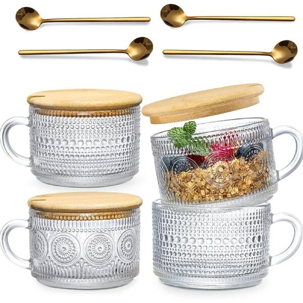 P&P 4Pcs Vintage Embossed Glass Coffee Cups 14Oz With Lid Spoon For Tea Milk Drink