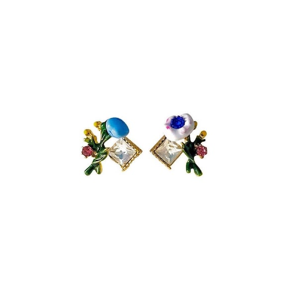 P&P Asymmetric Enamel Flower Earrings For Women Sweet Jewelry Trendy Accessories