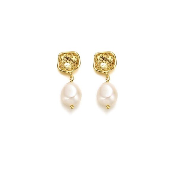 P&P Brass Gold-Plated Baroque Pearl Earring Simple Fashion Jewelry Women Retro Daily