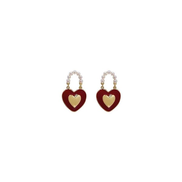 P&P Burgundy Heart Pearl Stud Earring Elegant Women Jewelry Fashion Accessories Gift