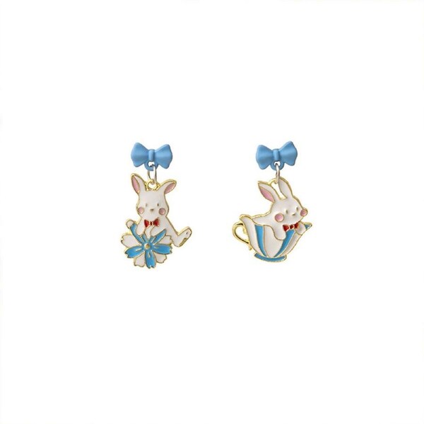 P&P Cartoon Rabbit Earrings Irregular Shape Blue Bow Cute Women Fashion Jewellery Au