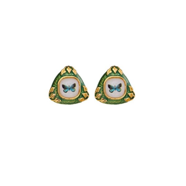P&P Chinese Green Butterfly Earring Vintage Textured Coin Asymmetric Fashion Jewelry