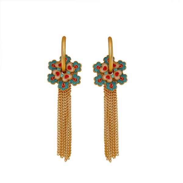 P&P Chinese Retro Flower Tassel Earrings Colourful Oil Drop Dangle Multiwear Design