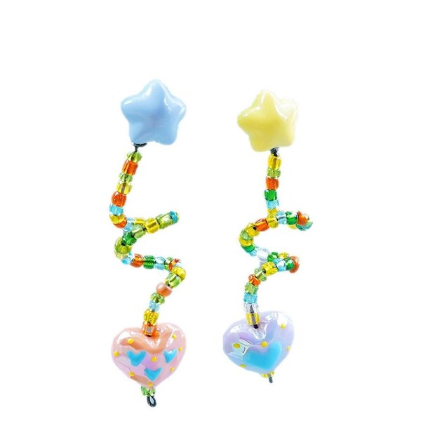 P&P Colourful Beaded Resin Love Earrings Asymmetrical Cloud Drop Long Dangle Jewelry