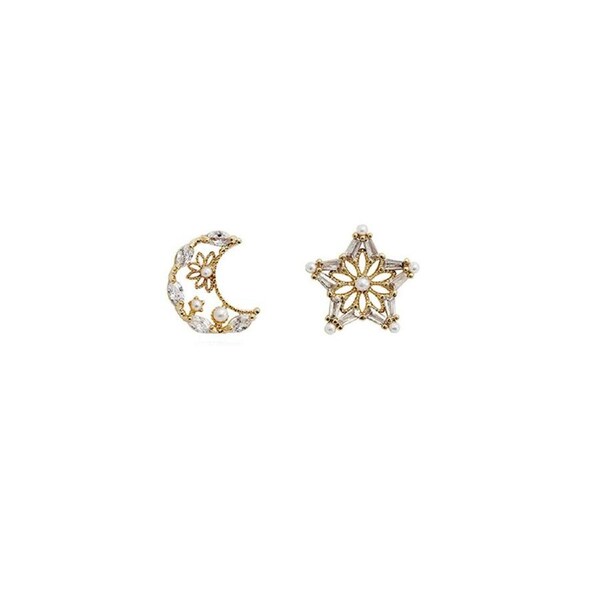 P&P Delicate Asymmetric Star Moon Earrings For Girls Simple Micro-Inlaid Jewelry