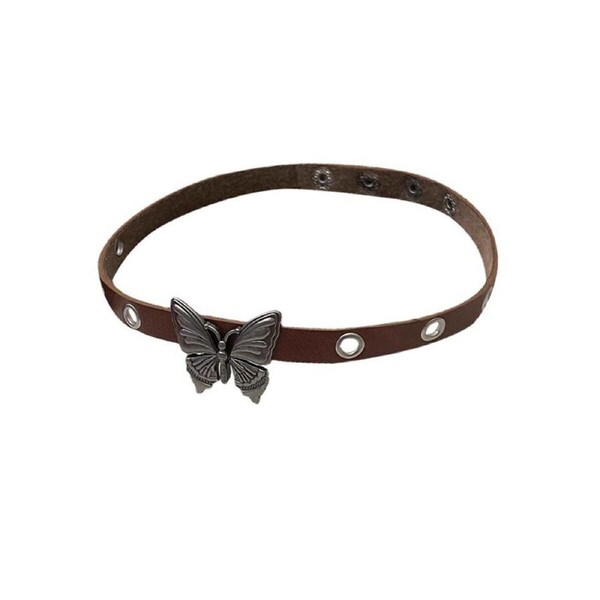 P&P Elegant Brown Leather Butterfly Necklace Adjustable Strap Fashion Jewelry Gift
