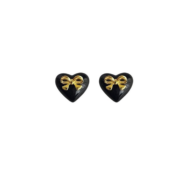 P&P Elegant Black Heart Earrings With Golden Bow For Girls Sweet Fashion Jewelry