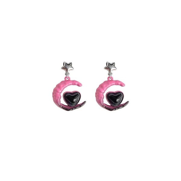 P&P Elegant Gradient Love Earrings Pink Black Niche Design High End Fashion Jewelry