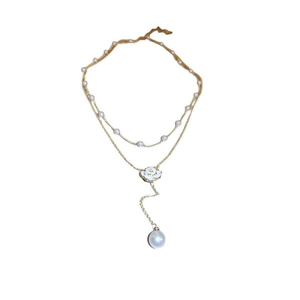 P&P Elegant Gold Pearl Camellia Tassel Necklace Long Pendant Jewelry For Women Gift