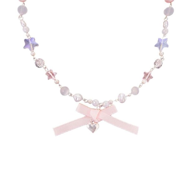 P&P Elegant Girl Ballet Necklace Butterfly Heart Star Clavicle Chain Transparentpink