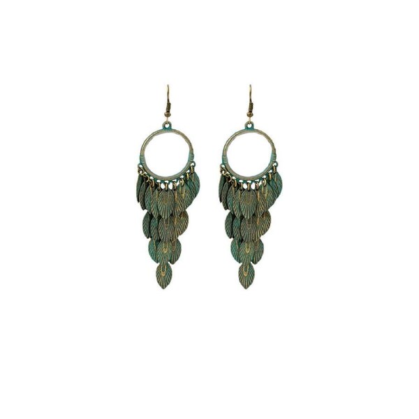 P&P Green Bohemian Feather Tassel Earrings Ethnic Jewelry Fashion Accessory Forwomen