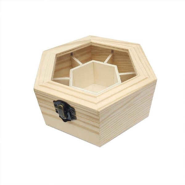 P&P Hexagonal Seven Compartment Wooden Jewelry Organizer Desktop Storage Box Holder