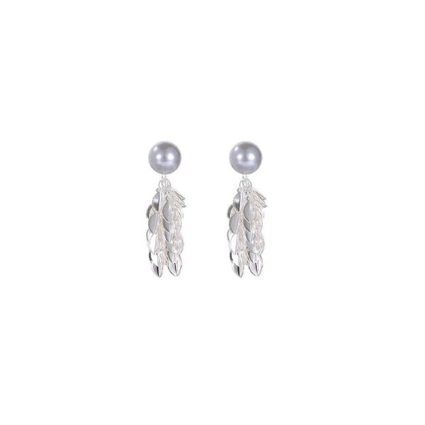 P&P Leaf Tassel Earring Women Grey Pearl Stud Sparkling Design Fashion Jewelry Gifts