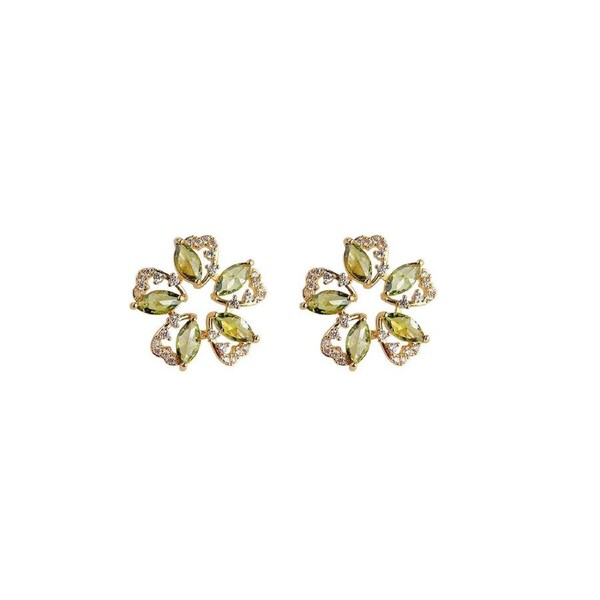 P&P Luxury Olive Green Zircon Flower Earrings Fashion High End Needle Stud Earrings