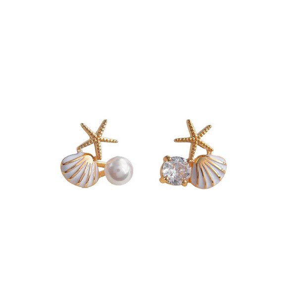 P&P Starfish Stud Earring Women Asymmetrical Design Gold Tone Unique Fashion Jewelry