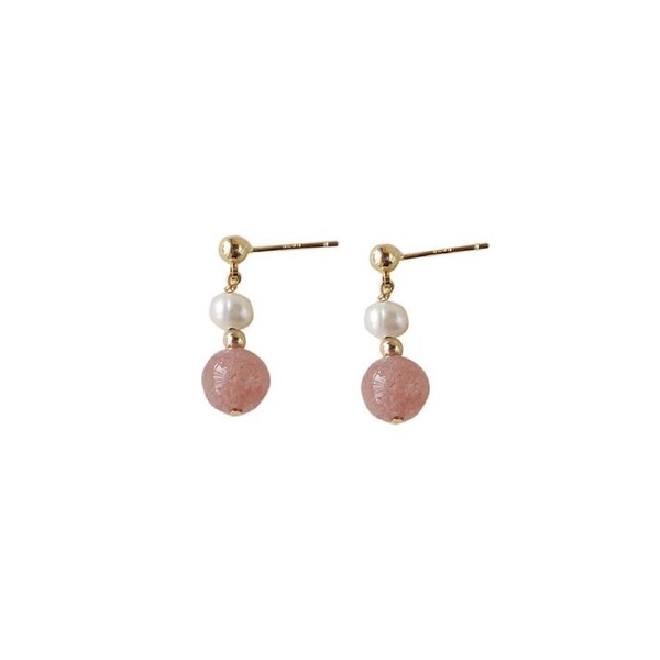 P&P Strawberry Crystal Stud Earrings Women Pink Imitation Pearl Elegant Fashion Gift