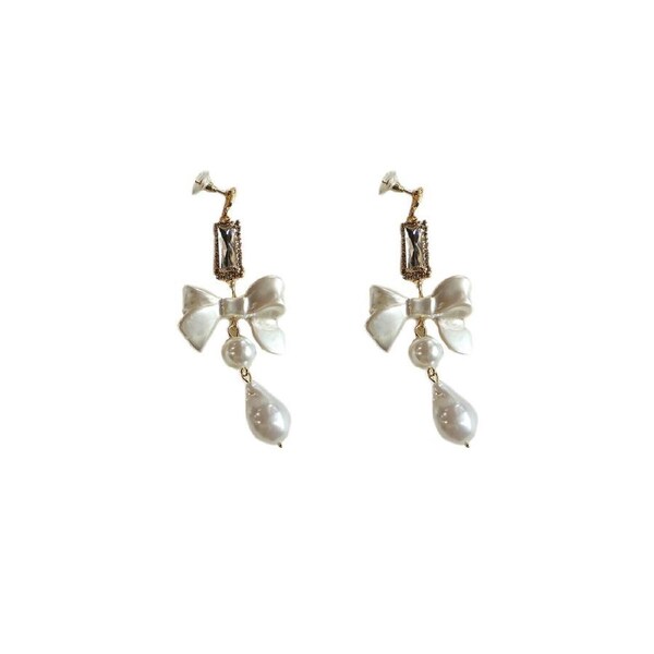 P&P Sweet White Bow Long Earrings For Girls Elegant Fashion Dangle Jewelry Gift Au