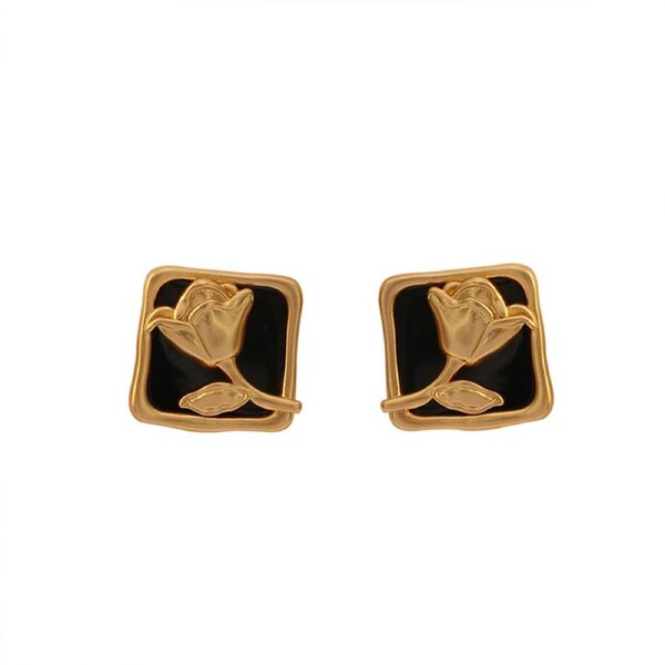 P&P Vintage Black Rose Square Stud Earrings Elegant Fashion Jewelry For Women Gift