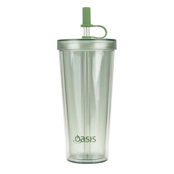 Oasis Reusable Tall Smoothie Tumbler w/ Straw Double Walled 520ml Green Apple
