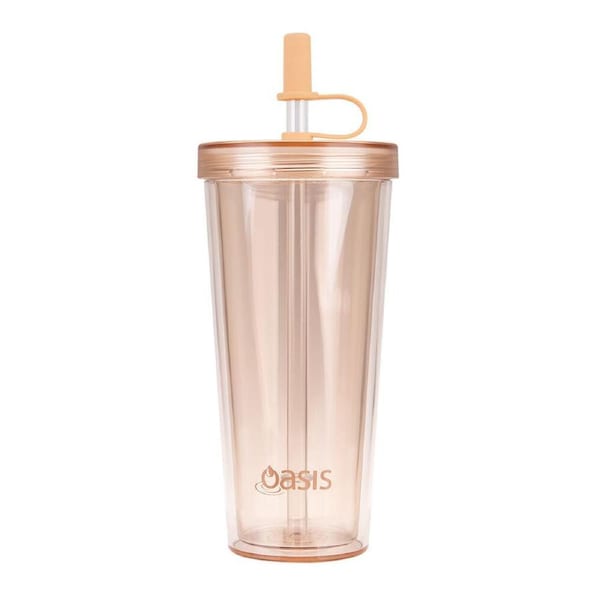 Oasis Reusable Tall Smoothie Tumbler w/ Straw Double Walled 520ml Peach