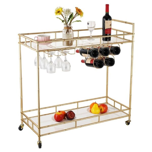 ACA 2 Tiers&nbsp;Gold Metal Bar Cart Drinks Serving Trolley Wine Rack Glass Cup Holder Storage Rack