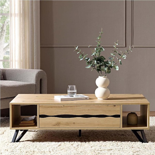 ACA 1 Drawer Square Wood Coffee Table Oak 120cm
