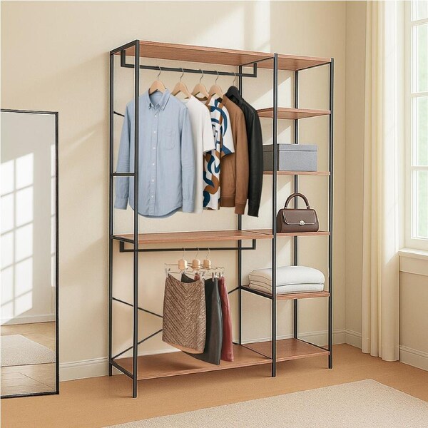 ACA Clothes Rack Open Wardrobe Garment Coat Hanging Rail Bamboo 8 Shelves
