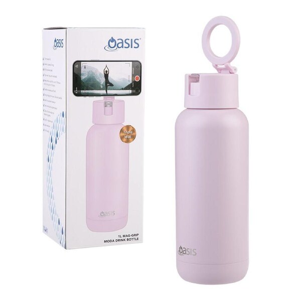 Oasis Mag-Grip Ceramic Stainless Steel Insulated Moda Bottle 1L Pink Lemonade