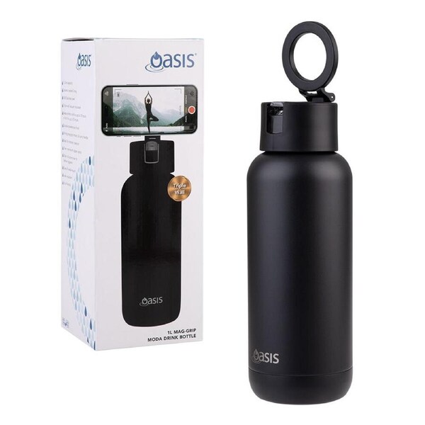 Oasis Mag-Grip Ceramic Stainless Steel Insulated Moda Drink Bottle 1L Black
